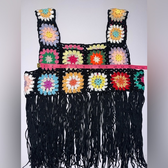 Crochet Granny Square Black Fringe Crop Top Small - Picture 4 of 9